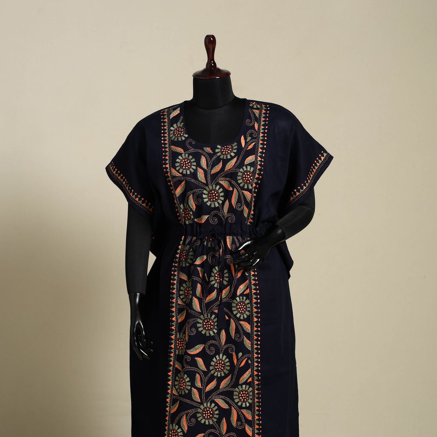 Black Bengal Kantha Hand Embroidery Cotton Kaftan (Long) 