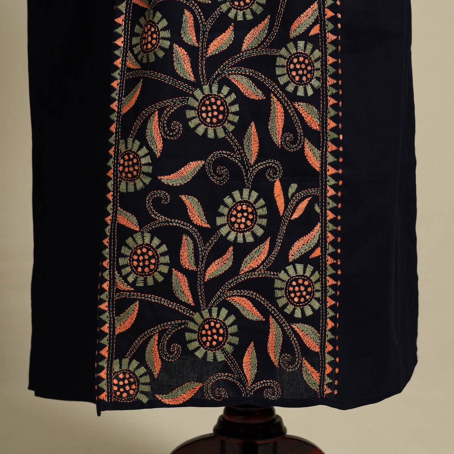 Black Bengal Kantha Hand Embroidery Cotton Kaftan (Long) 