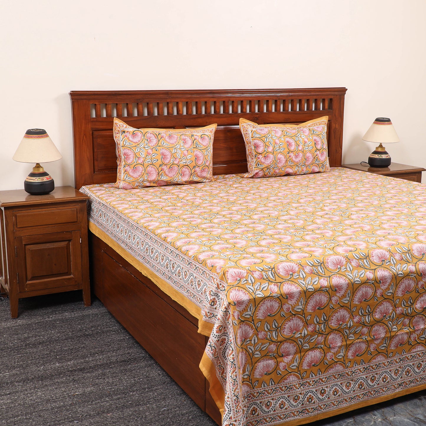 Orange - Pure Cotton Double Sanganeri Print Bed Cover Set 33