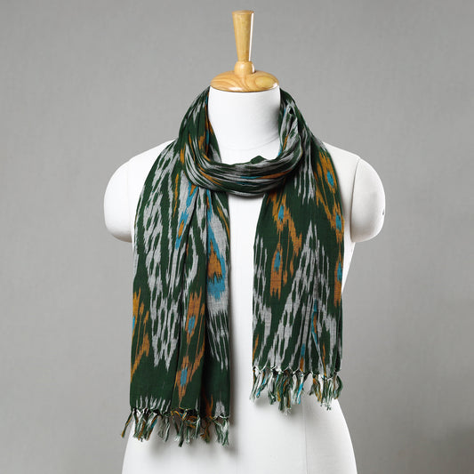 Green - Pochampally Central Asian Ikat Handloom Cotton Stole with Tassels 11