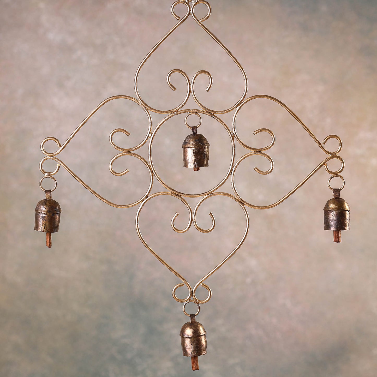 Kutch Copper Coated 4 Bell 4 Hearts Hanging