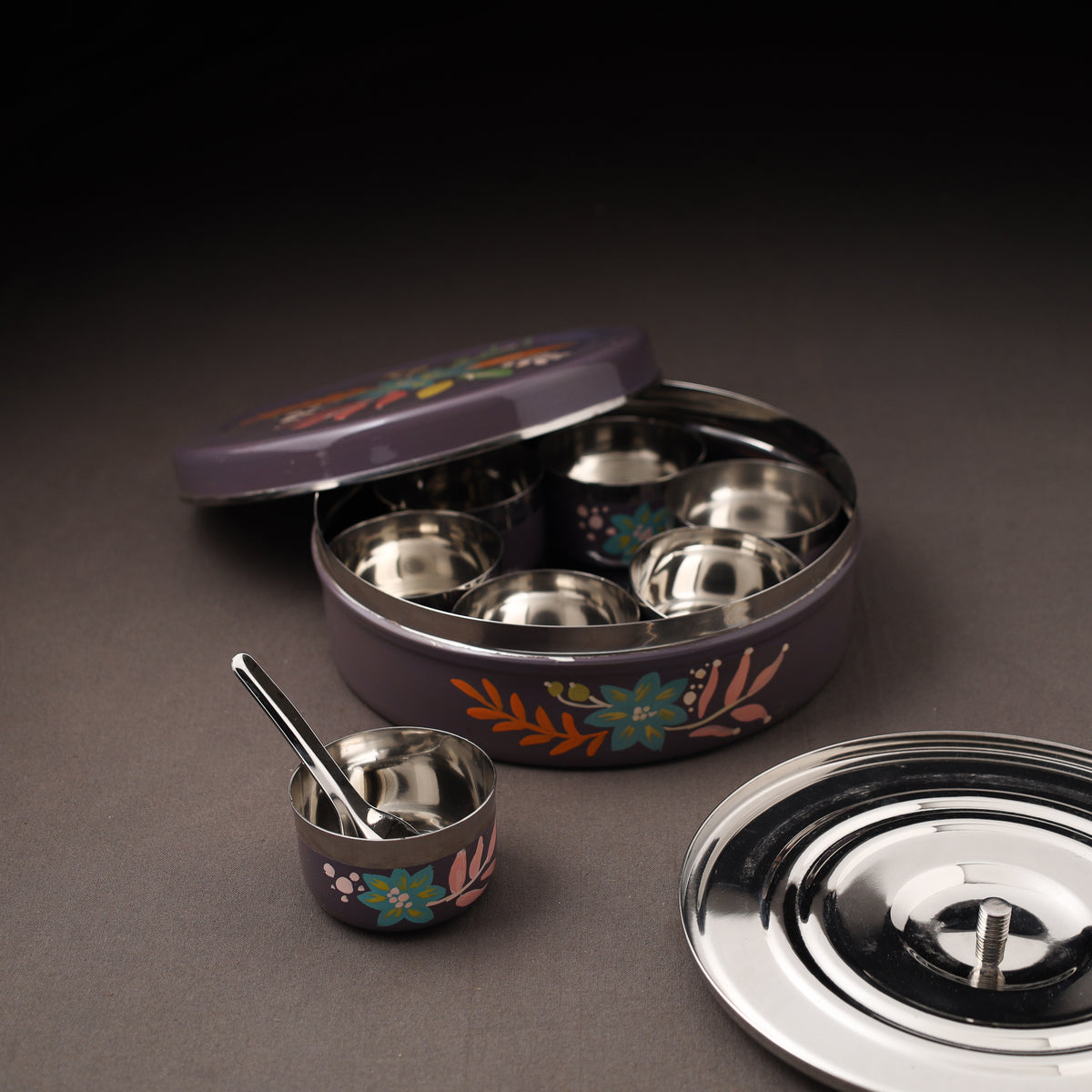 Floral Handpainted Enamelware Stainless Steel Masala Box (7 x 7 in) 15