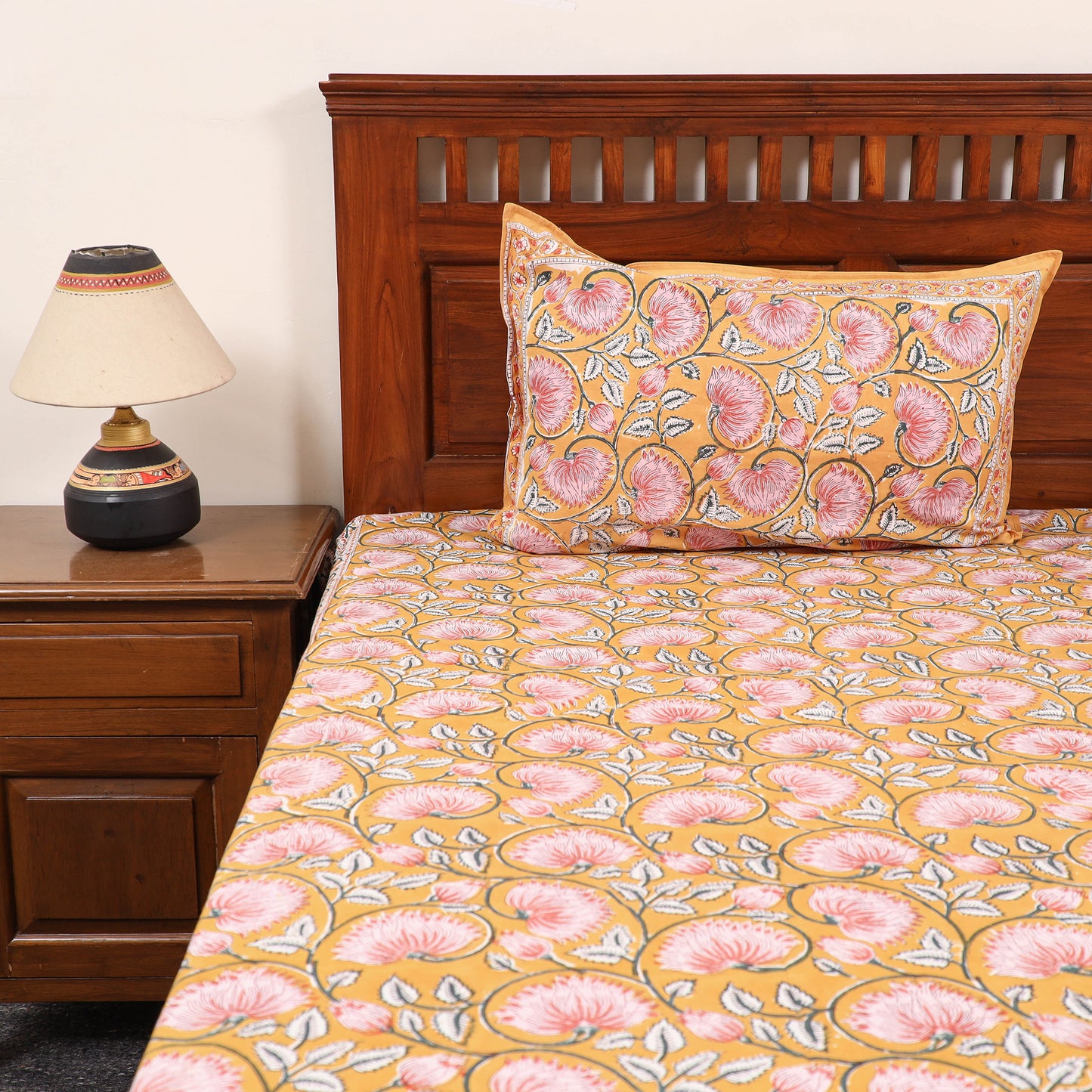 Orange - Pure Cotton Double Sanganeri Print Bed Cover Set 33