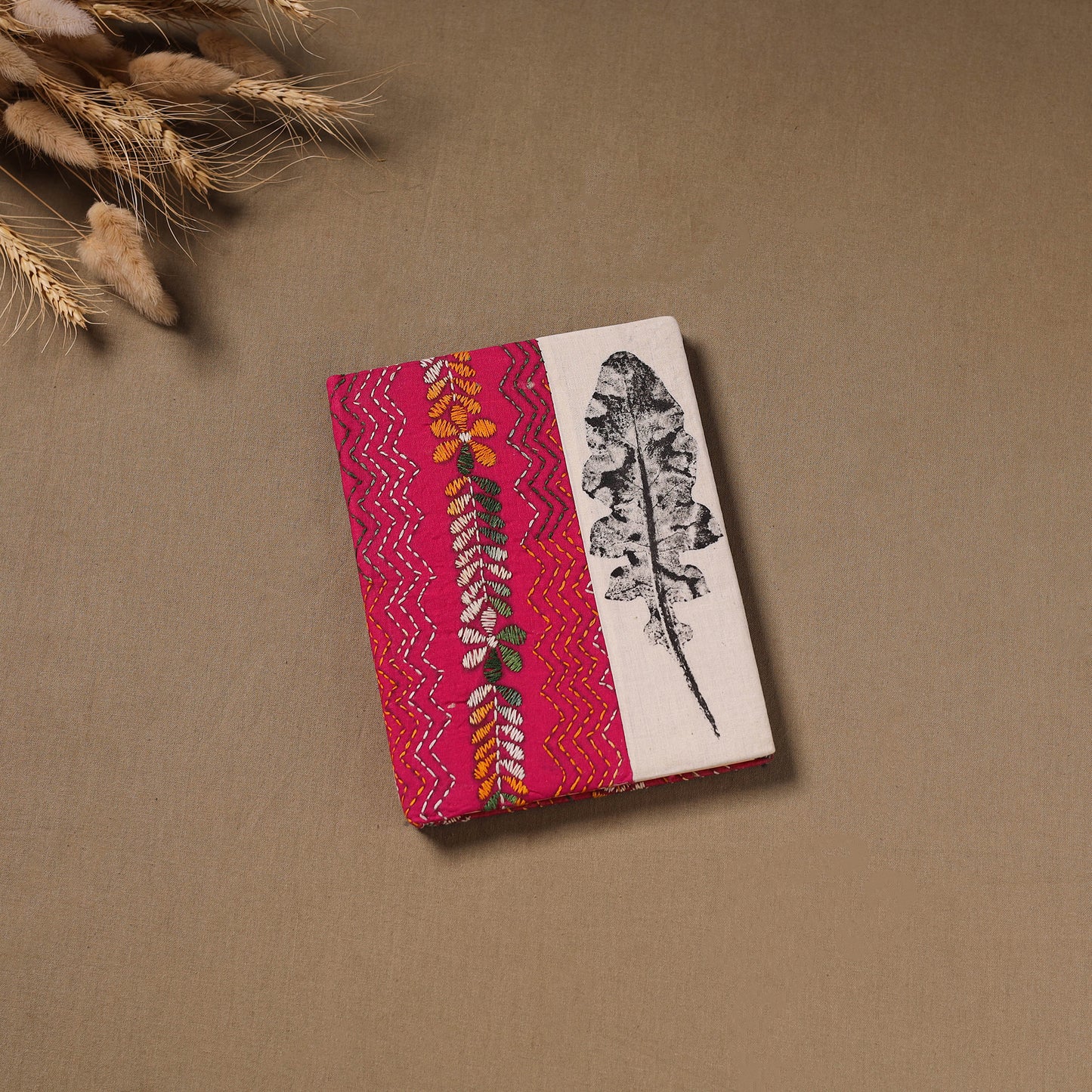 Pink - Handmade Paper Notebook with Eco Leaf Print Kantha Work 10