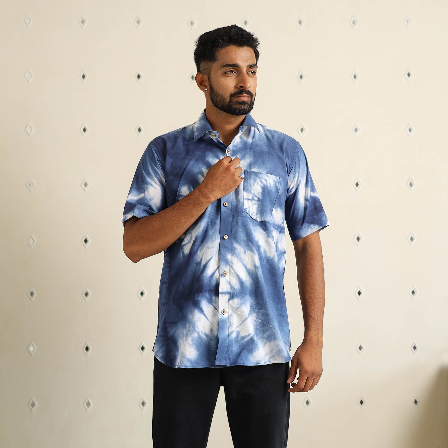 Blue - half sleeve tie & dye cotton men shibori shirt 10