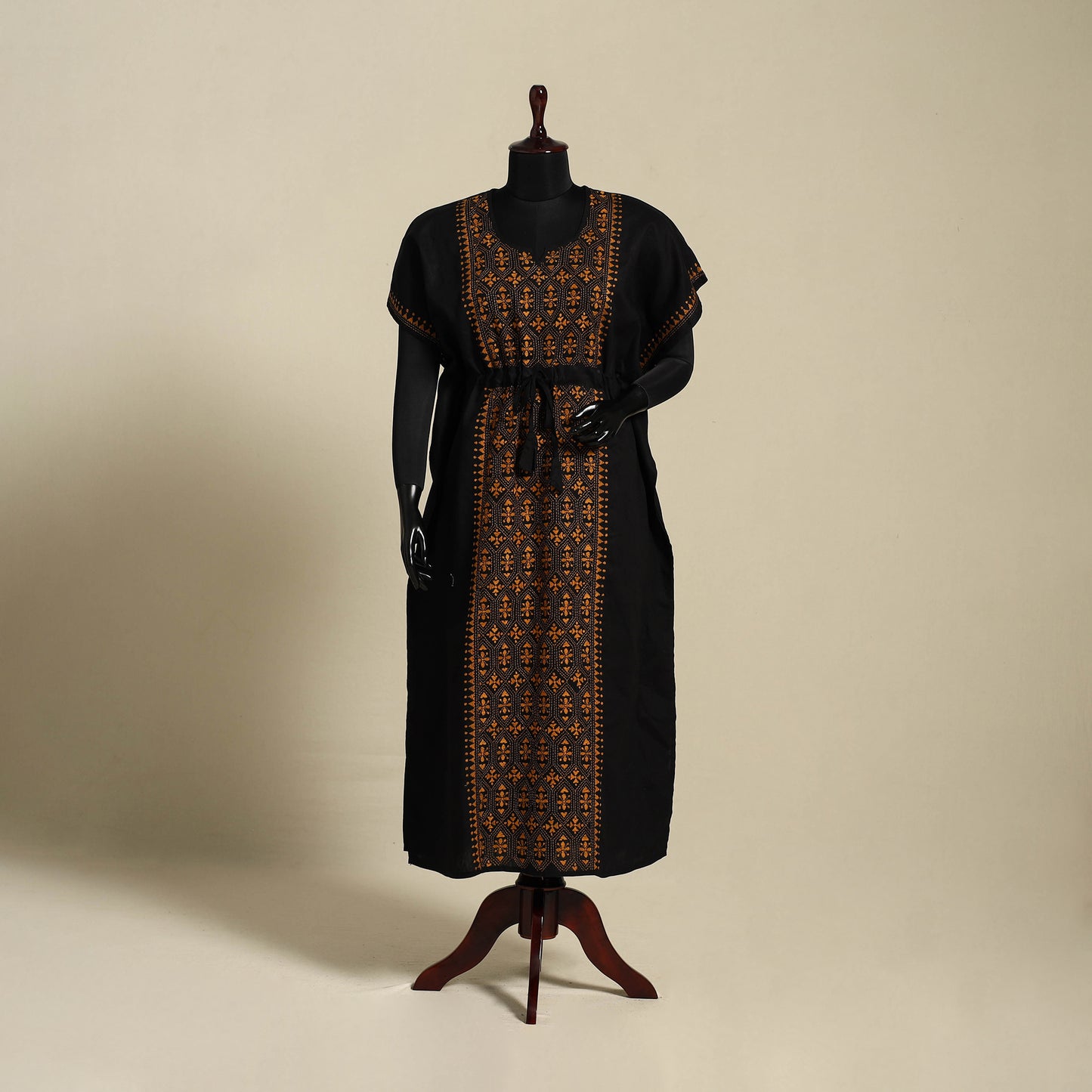 Black - bengal kantha hand embroidery cotton kaftan (long)