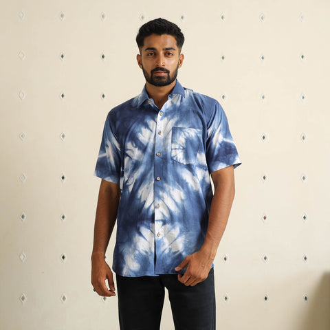 Blue - half sleeve tie & dye cotton men shibori shirt 10