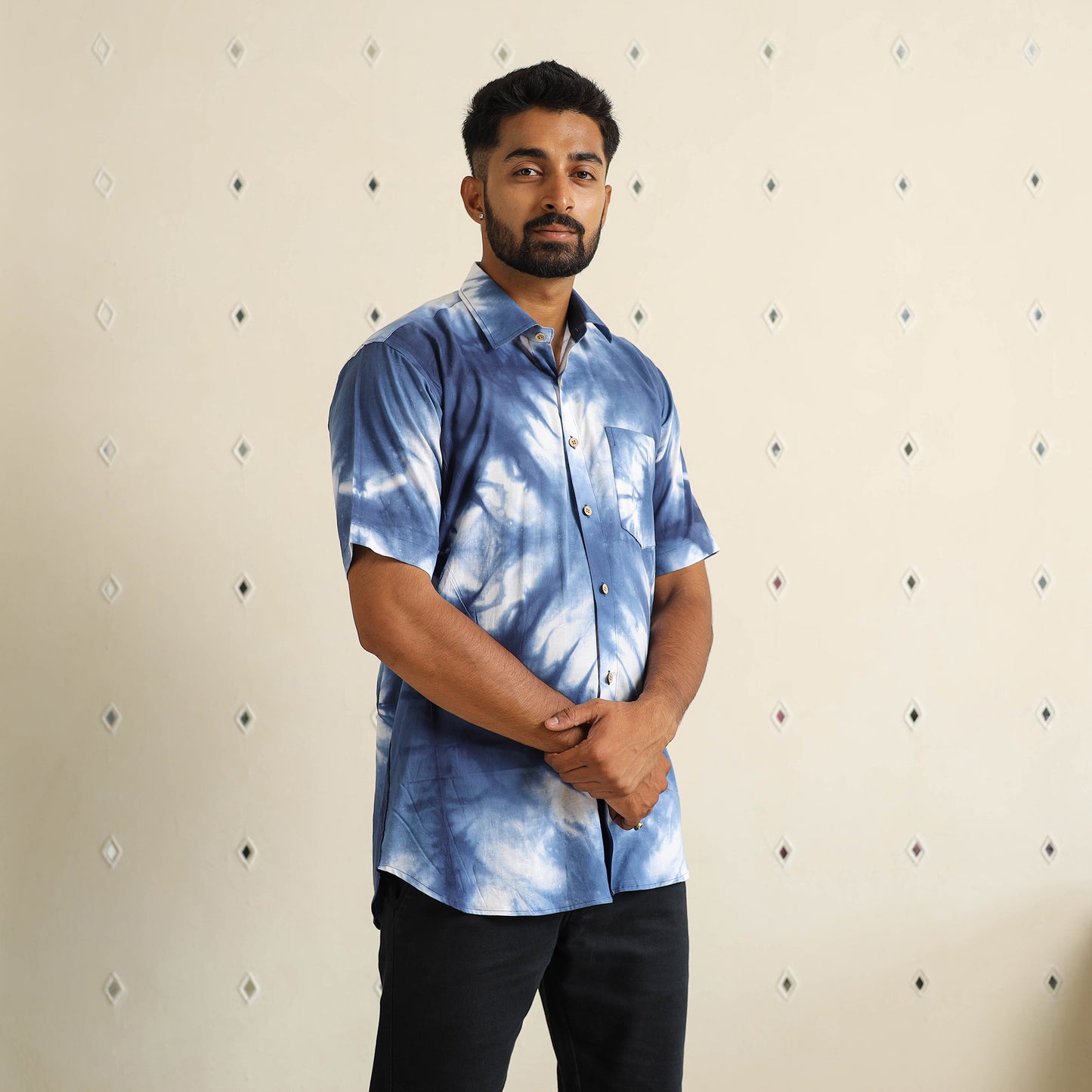 Blue - half sleeve tie & dye cotton men shibori shirt 10