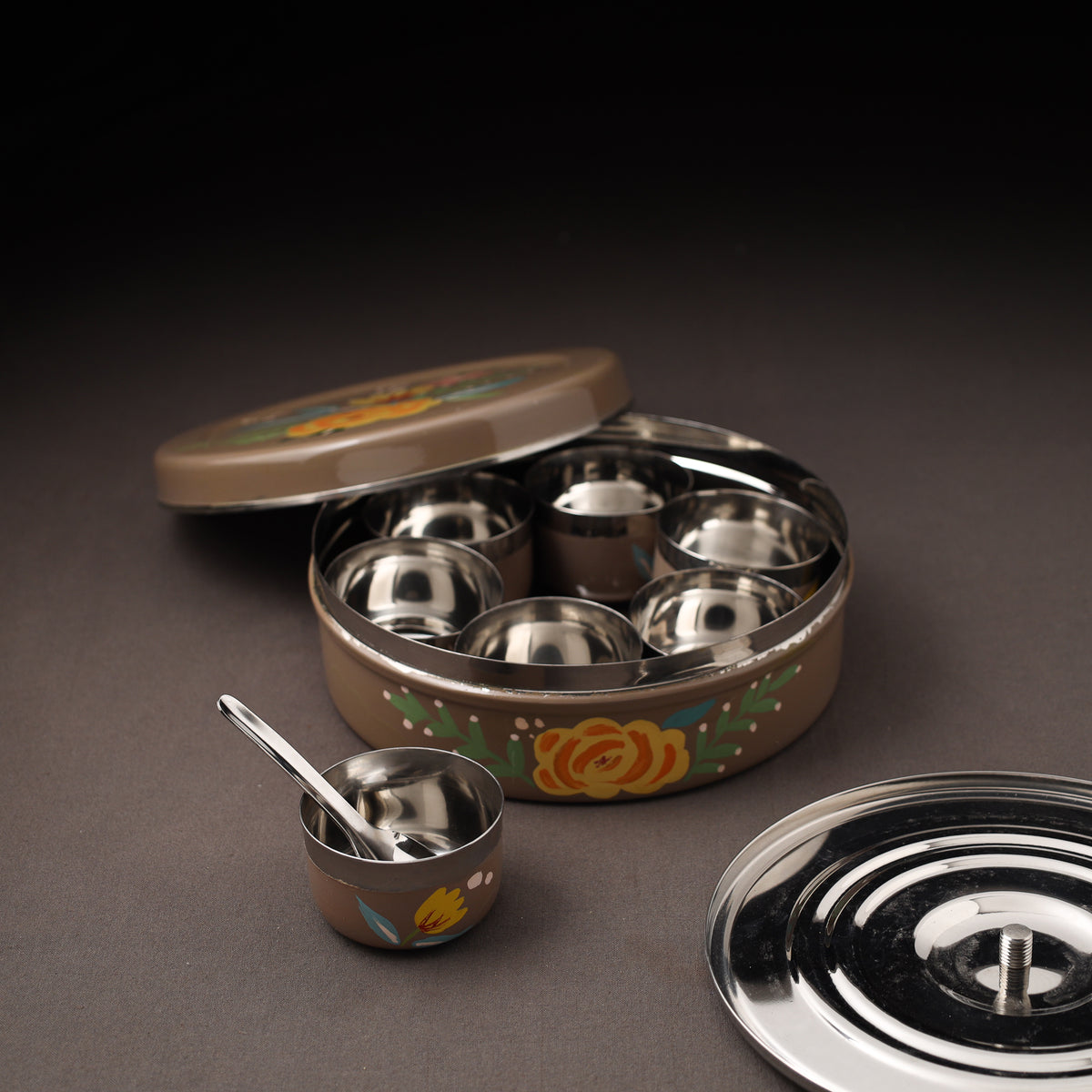 Floral Handpainted Enamelware Stainless Steel Masala Box (7 x 7 in) 18