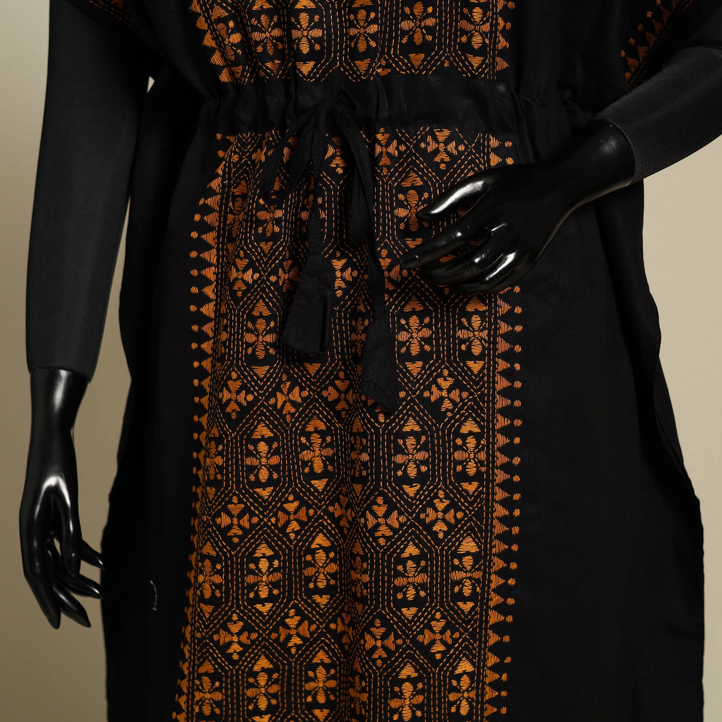 Black - bengal kantha hand embroidery cotton kaftan (long)