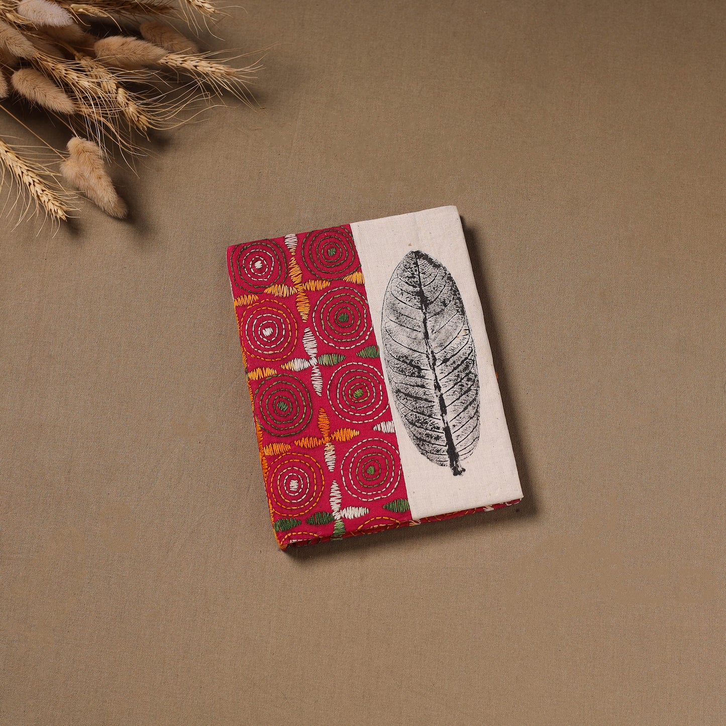 Pink - Handmade Paper Notebook with Eco Leaf Print Kantha Work 12