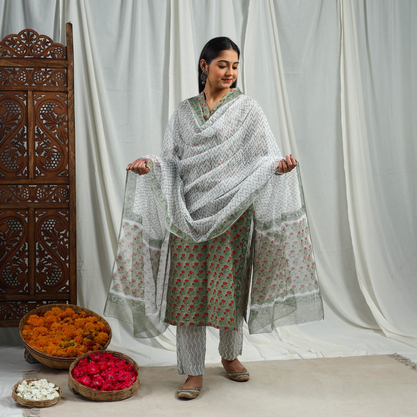 Buy Green Block Print Cotton Sanganeri Kurta Set