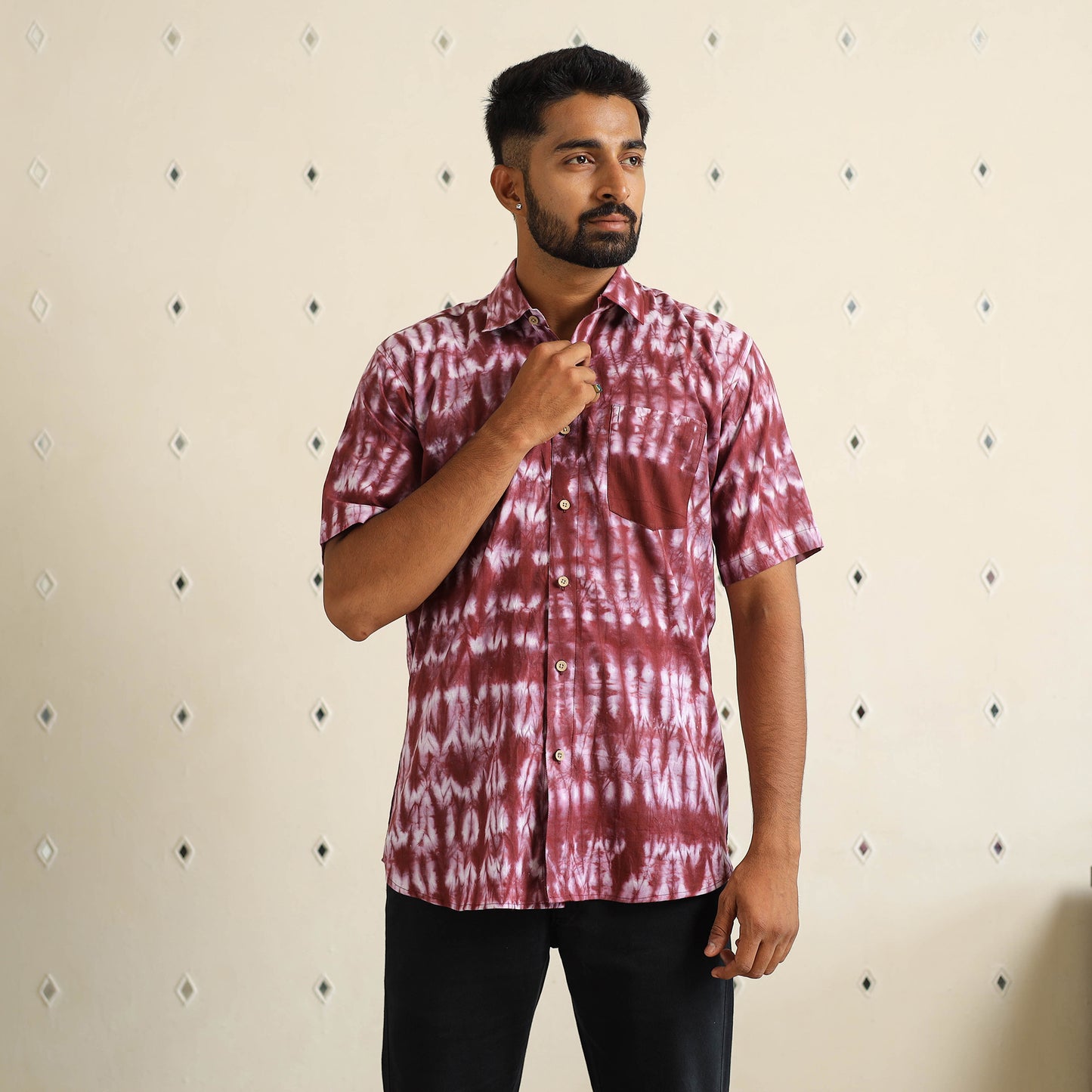 Brown Half Sleeve Tie & Dye Cotton Men Shibori Shirt