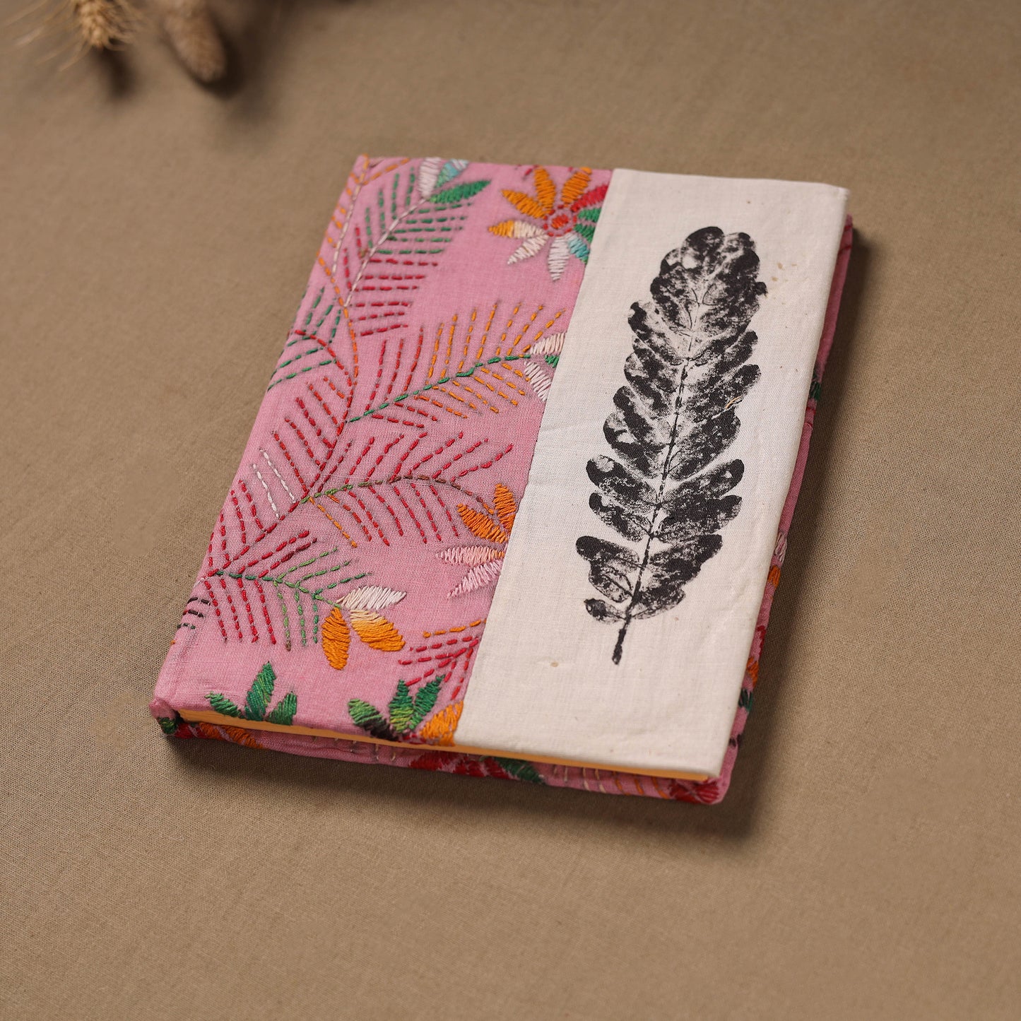 Pink - Handmade Paper Notebook with Eco Leaf Print Kantha Work 13