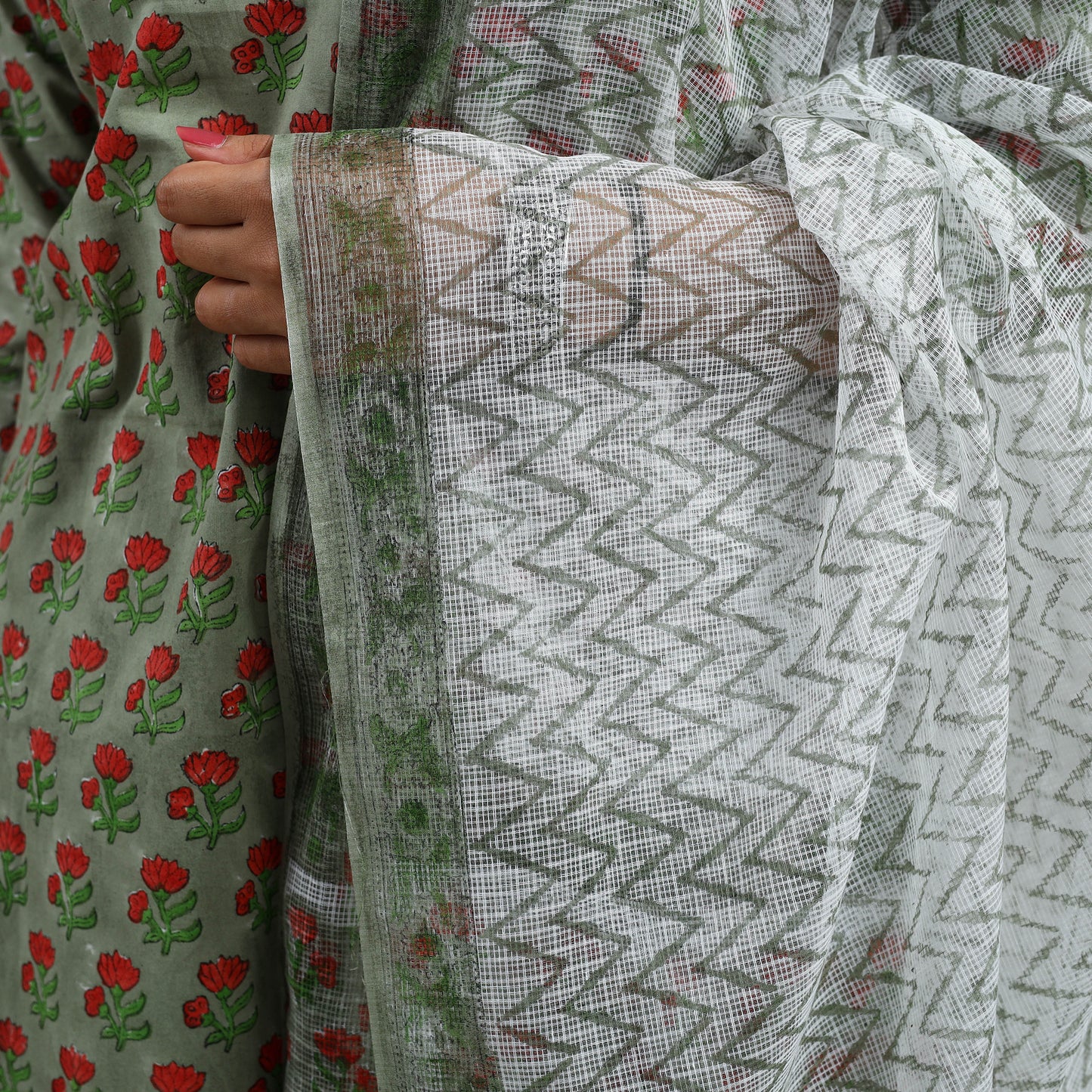 Buy Green Block Print Cotton Sanganeri Kurta Set