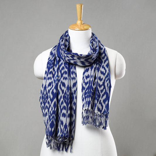 Blue - Pochampally Central Asian Ikat Handloom Cotton Stole with Tassels 26