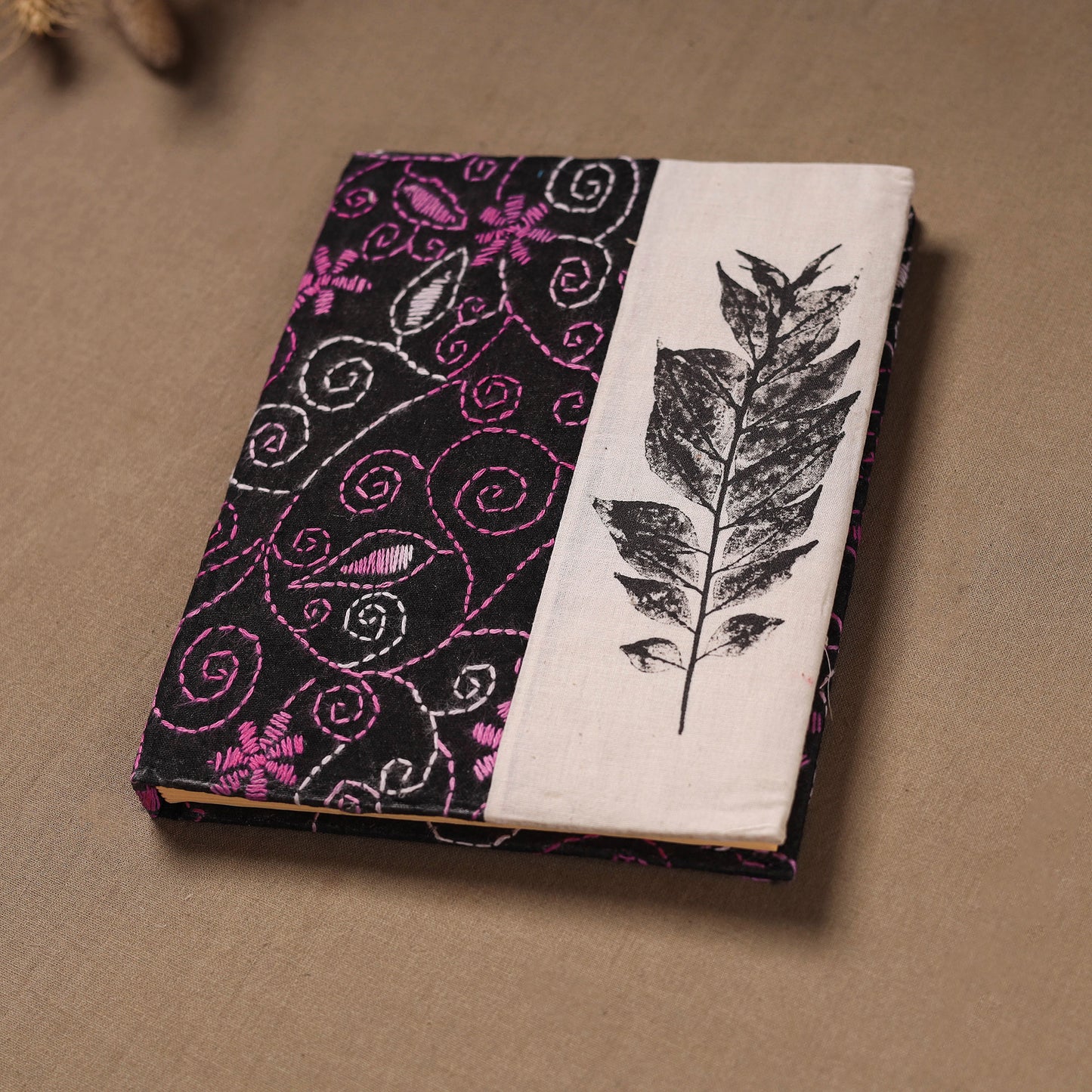 Multi colour - Handmade Paper Notebook with Eco Leaf Print Kantha Work 16