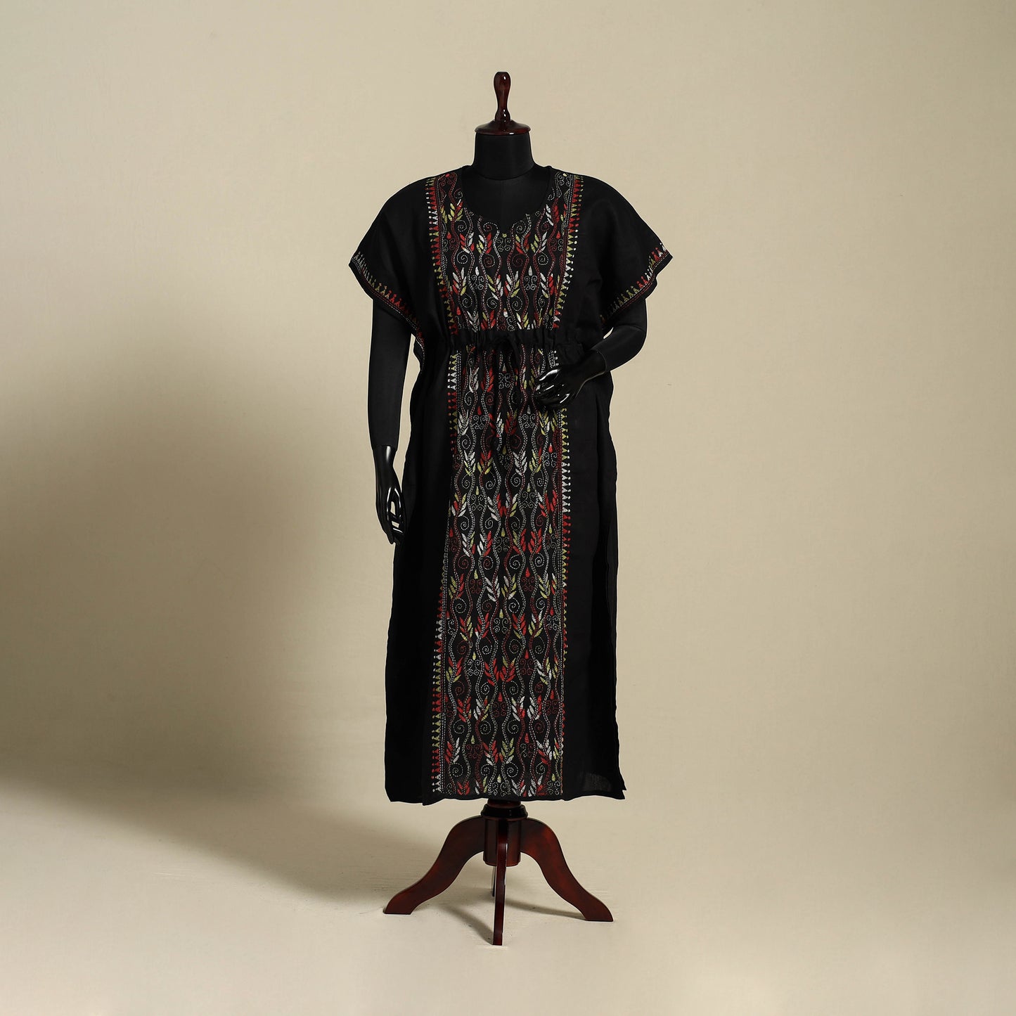 Black - bengal kantha hand embroidery cotton kaftan (long)