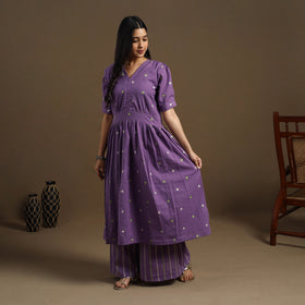 Flared Cotton Purple Jacquard Kurta with Palazzo Set