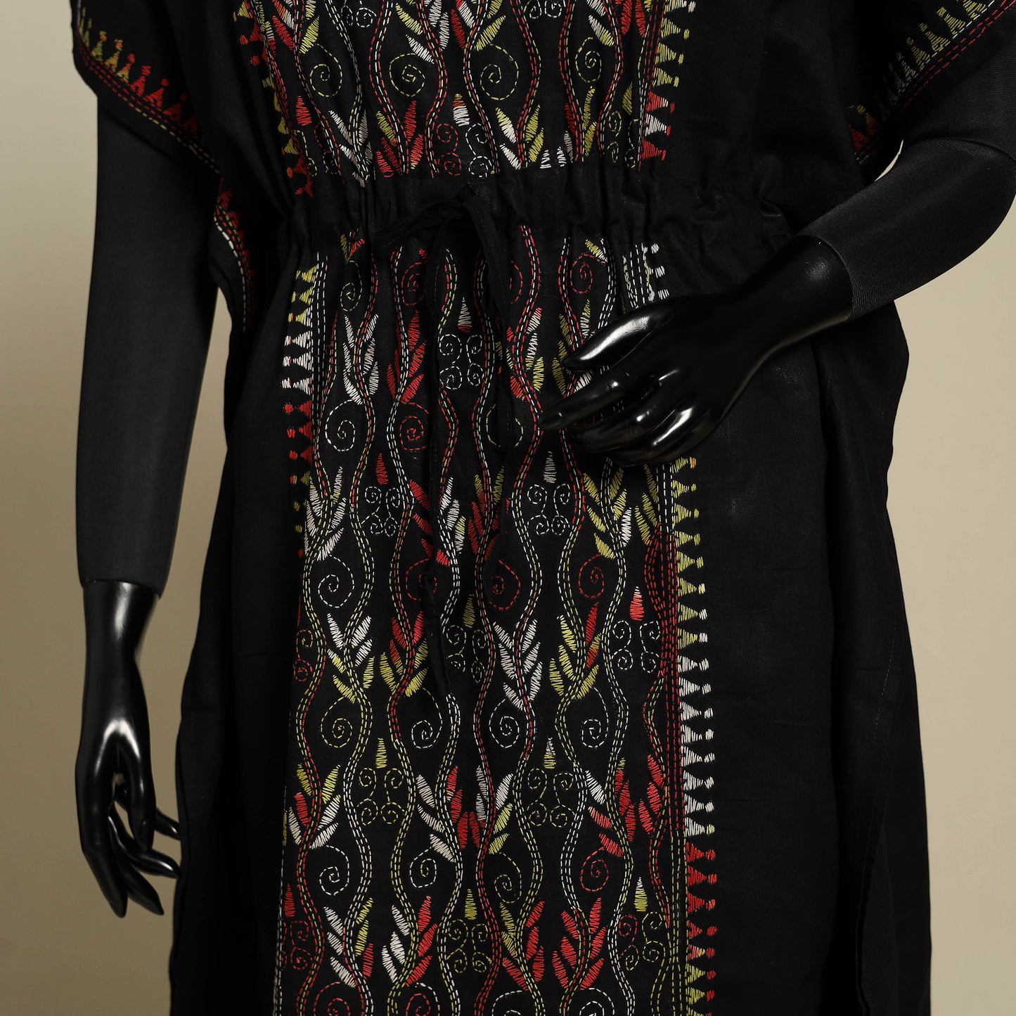 Black - bengal kantha hand embroidery cotton kaftan (long)