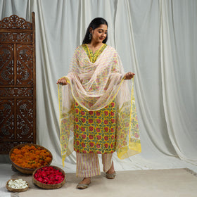  Yellow Block Print Cotton Sanganeri Kurta Set