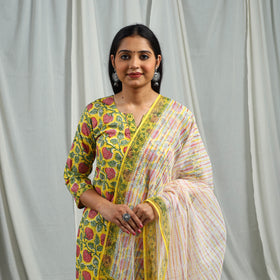  Yellow Block Print Cotton Sanganeri Kurta Set