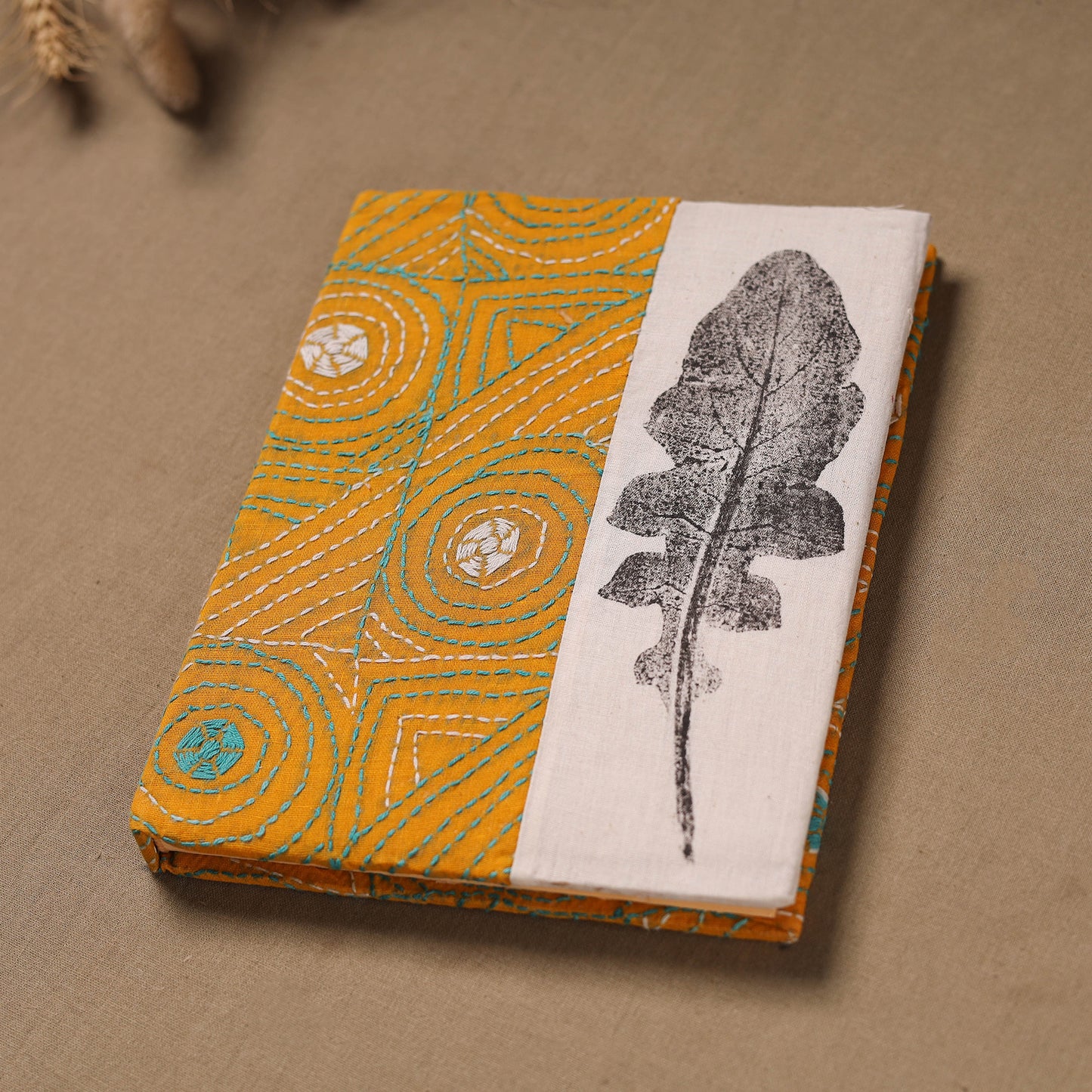 Yellow - Handmade Paper Notebook with Eco Leaf Print Kantha Work 19