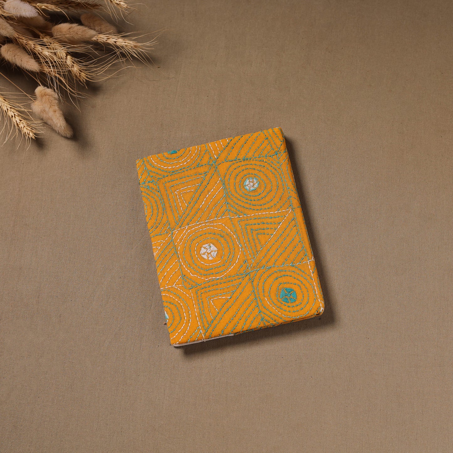 Yellow - Handmade Paper Notebook with Eco Leaf Print Kantha Work 19