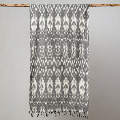 Grey - Pochampally Central Asian Ikat Handloom Cotton Stole with Tassels 14