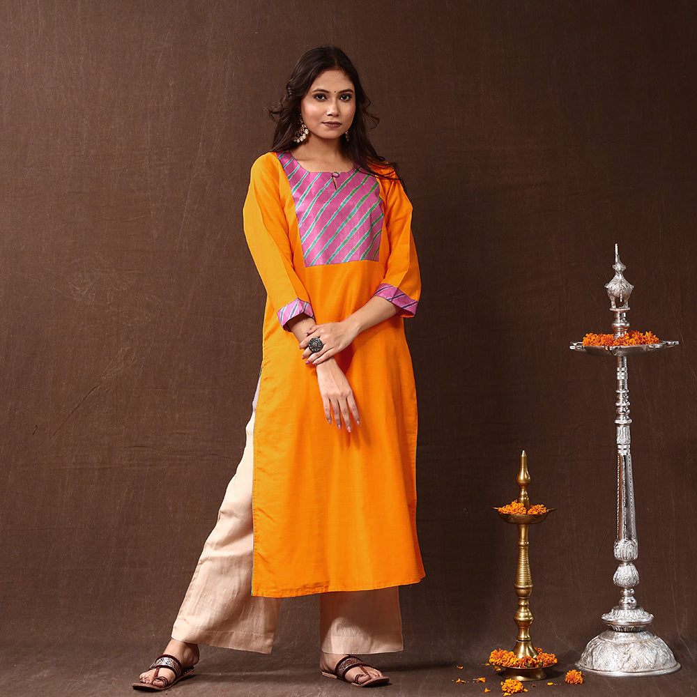 Orange - Silk Plain Long Straight Kurta