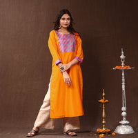 Orange - Silk Plain Long Straight Kurta