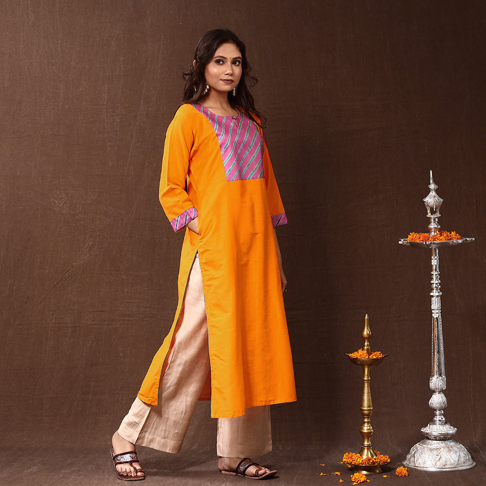 Orange - Silk Plain Long Straight Kurta