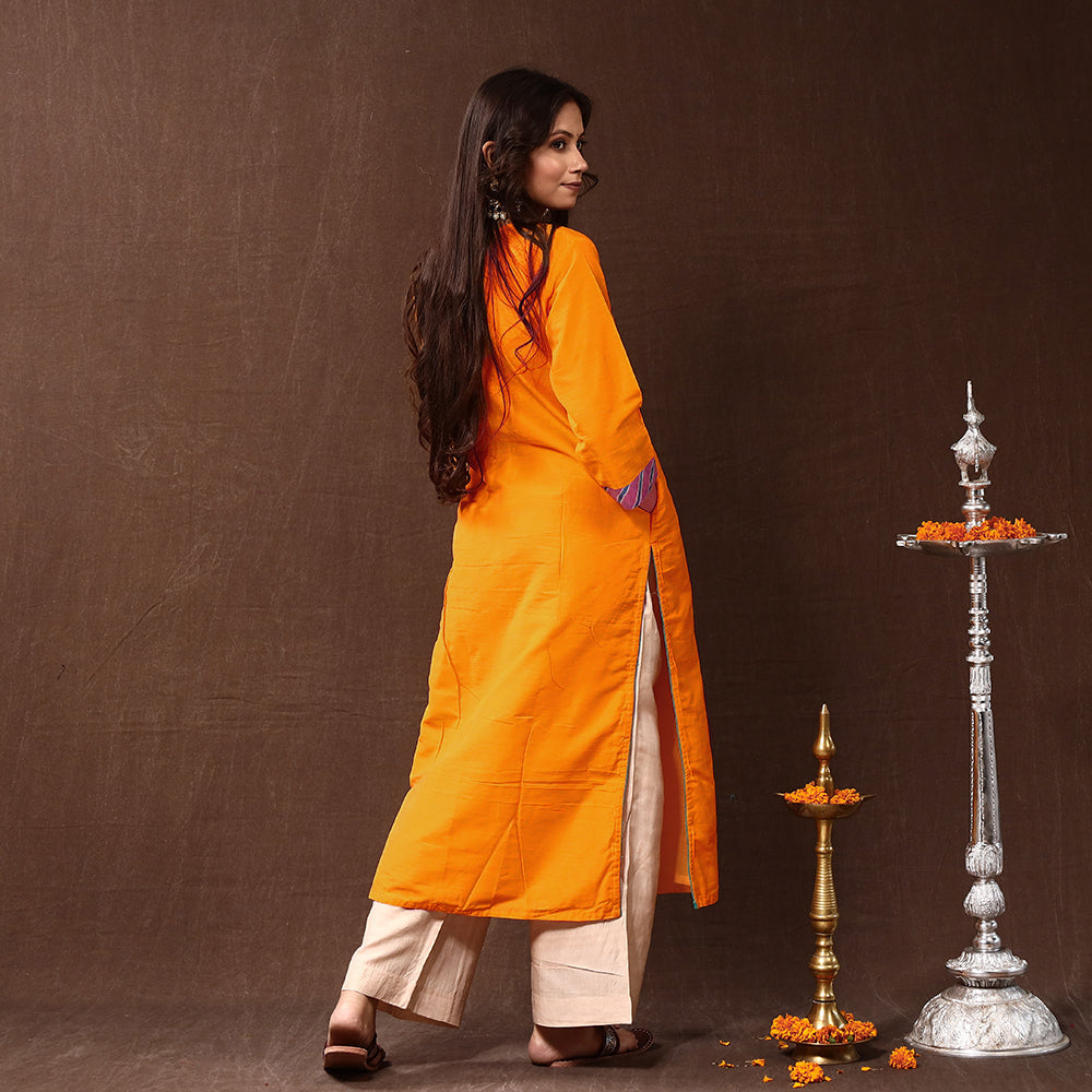 Orange - Silk Plain Long Straight Kurta