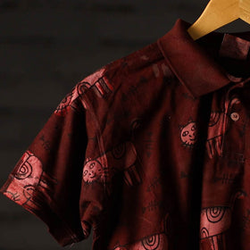 Maroon - Bindaas Block Art Printed Cotton Unisex Polo Collar T-shirt 67