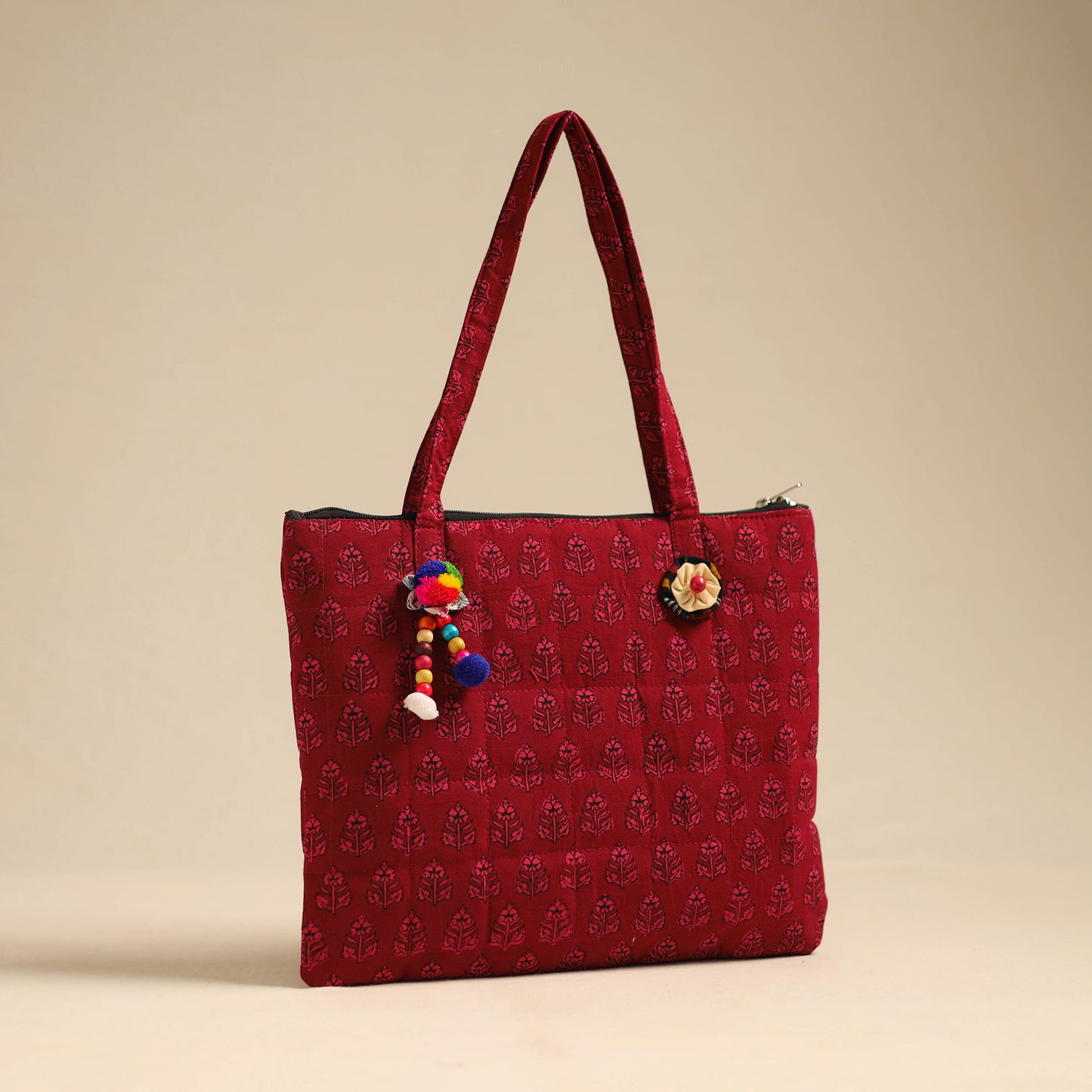 Red - Handcrafted Quilted Cotton Hand Bag 11