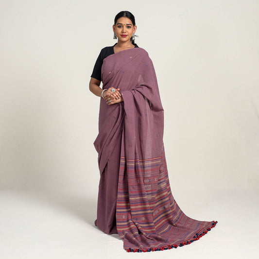 Purple - Kutch Weaving Handloom Organic Kala Cotton Saree with Tassels