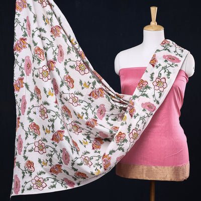 2pc Plain Chanderi Silk Handloom Suit Material with Sanganeri Block Printed Cotton Dupatta