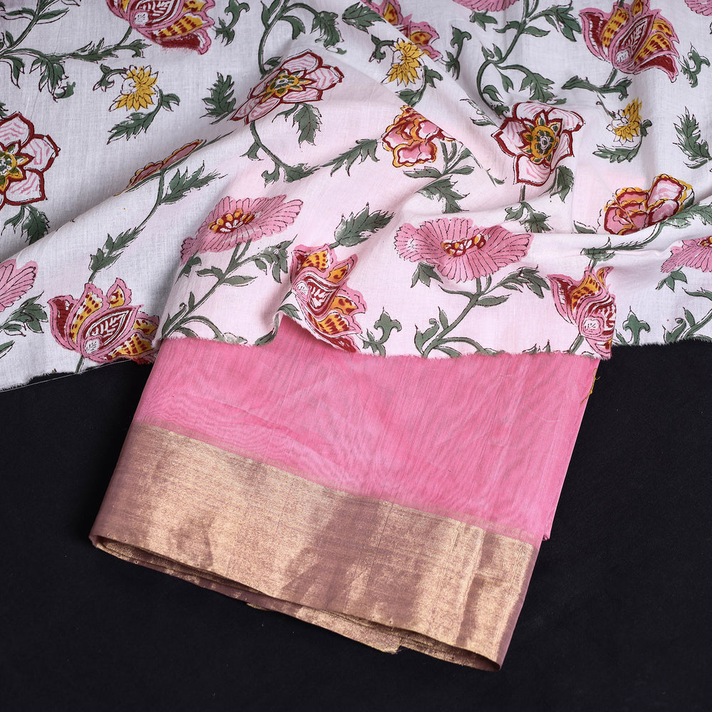 2pc Plain Chanderi Silk Handloom Suit Material with Sanganeri Block Printed Cotton Dupatta