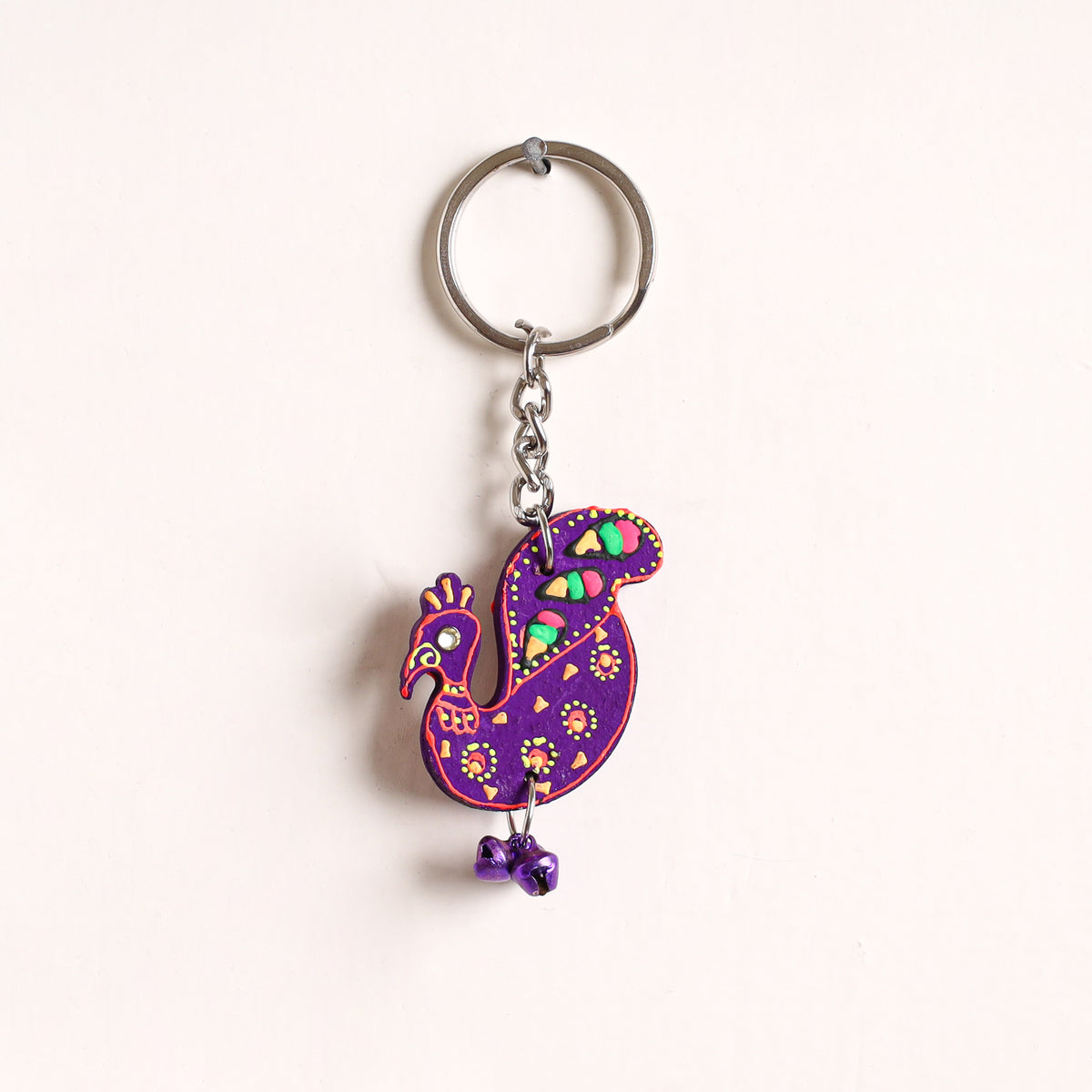 Peacock - Abstract Pastel Handpainted Hand-Carved Wooden Keychain 17
