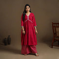 Flared Cotton Lace Work Red Jacquard Kurta with Palazzo Set