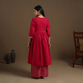 Flared Cotton Lace Work Red Jacquard Kurta with Palazzo Set