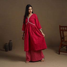 Flared Cotton Lace Work Red Jacquard Kurta with Palazzo Set