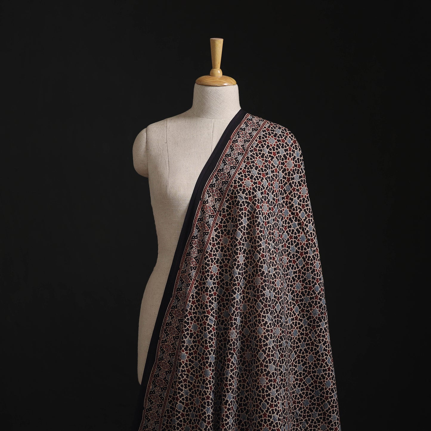 Black - Hand Block Ajrakh Print Natural Dyed Pure Mul Cotton Fabric 02