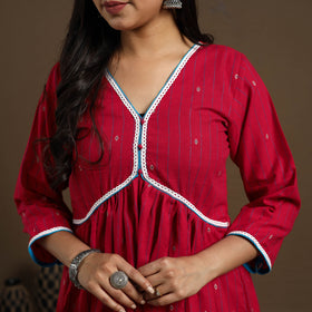Flared Cotton Lace Work Red Jacquard Kurta with Palazzo Set