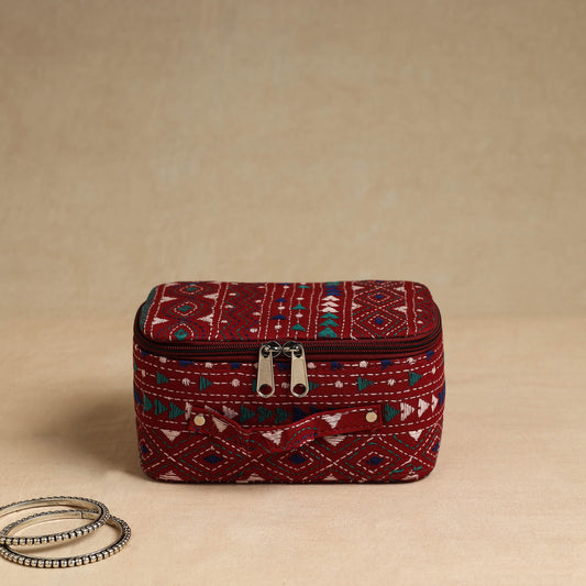 Red - Bengal Kantha Work Handcrafted Jewelry Box with Mirror 02