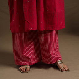 Flared Cotton Lace Work Red Jacquard Kurta with Palazzo Set