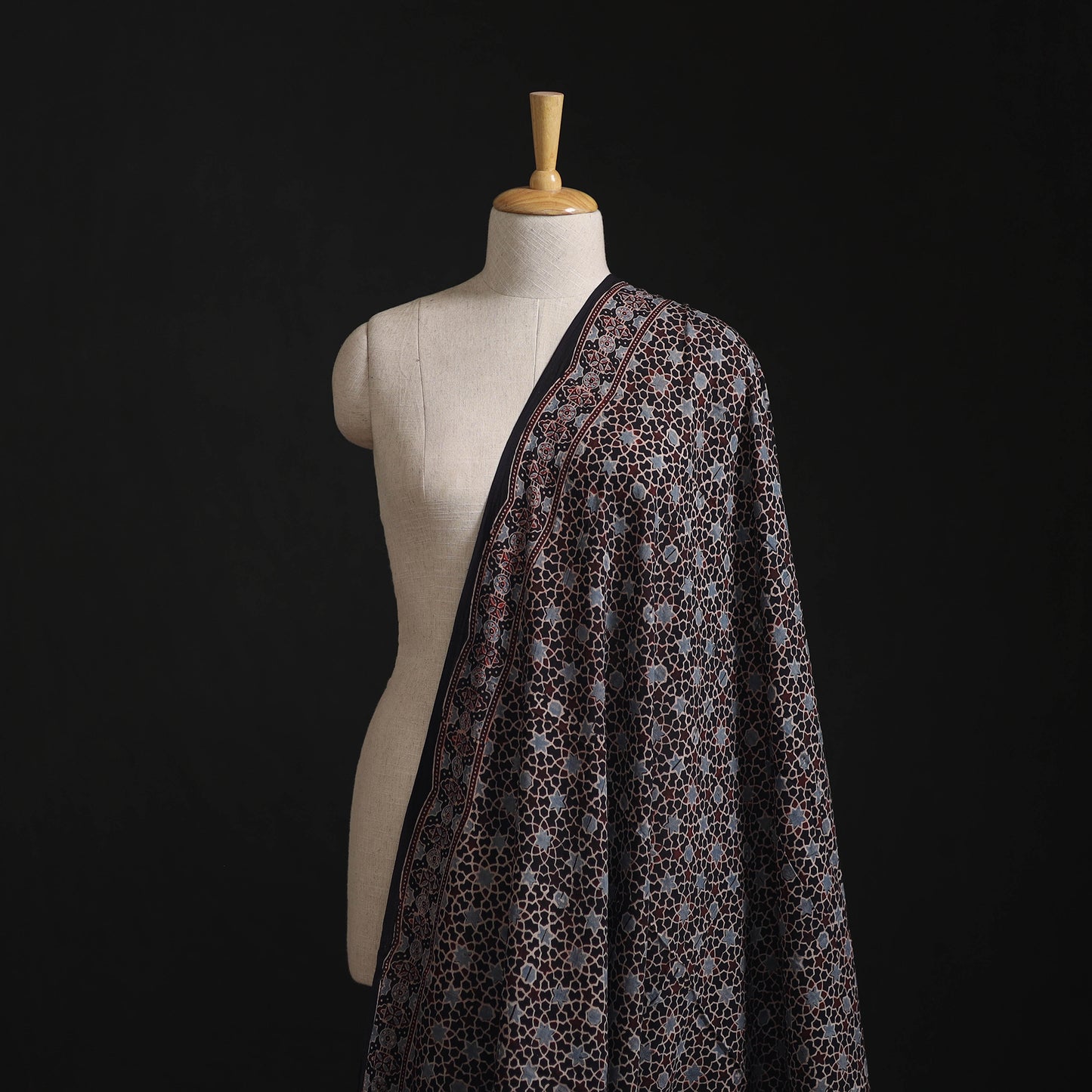 Black - Hand Block Ajrakh Print Natural Dyed Pure Mul Cotton Fabric 07