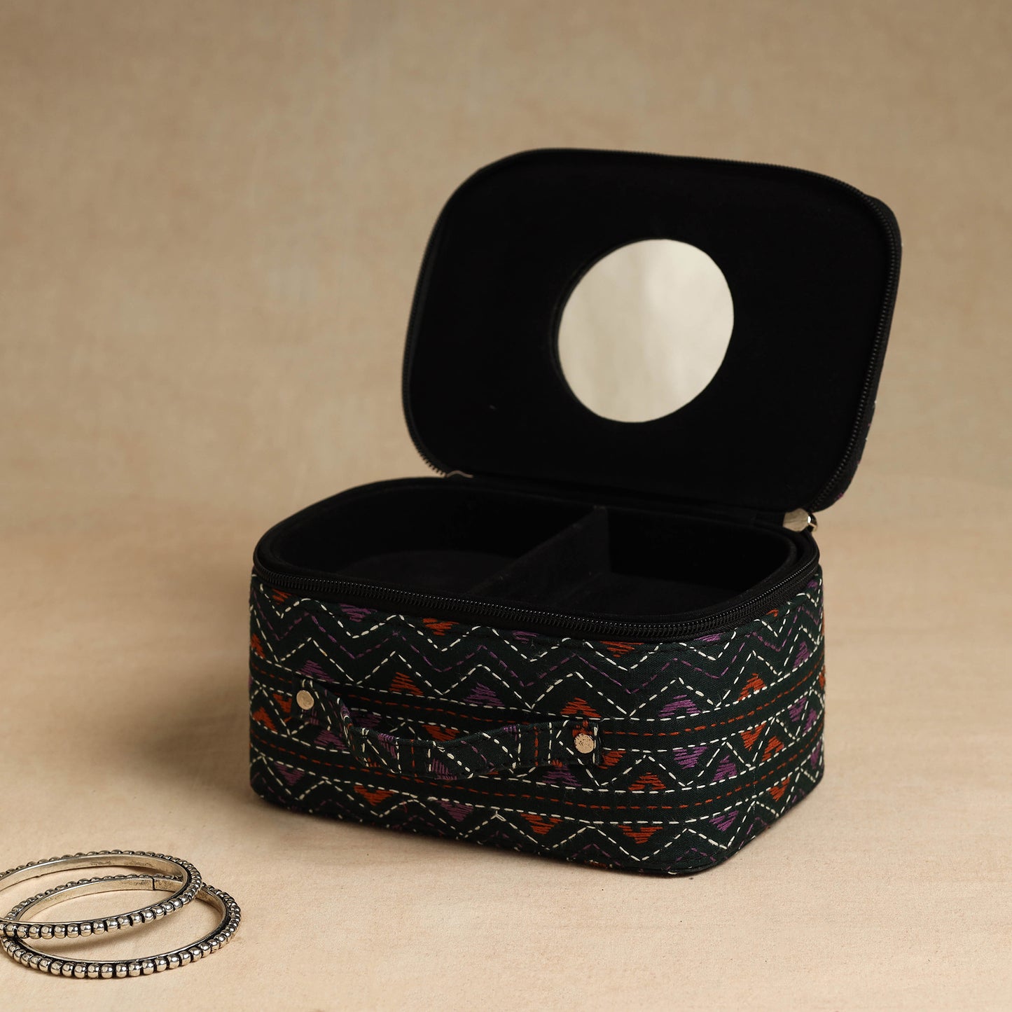 Black - Bengal Kantha Work Handcrafted Jewelry Box with Mirror 03