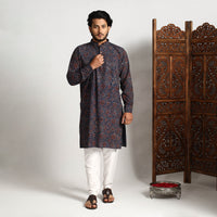 Blue - Ajrakh Block Printed Cotton Men Long Kurta