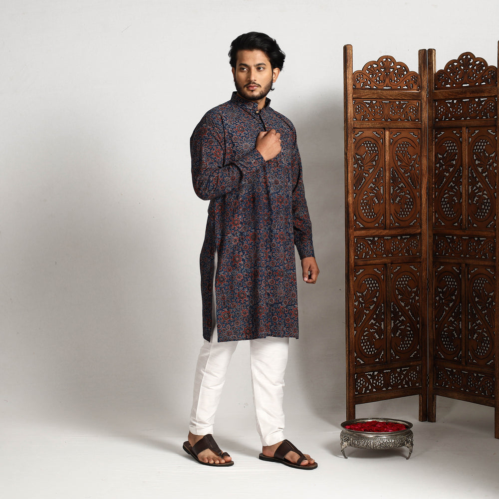 Blue - Ajrakh Block Printed Cotton Men Long Kurta